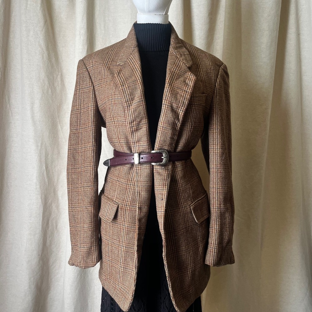 Vintage Karl Lagerfeld Paris Glen Plaid Wool Blazer Brown Check Tweed 80s‎